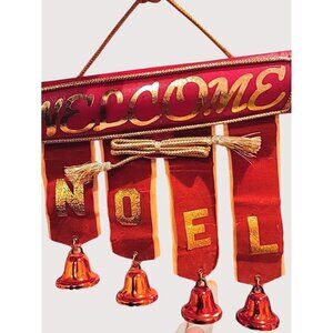 RARE Vintage Christmas Welcome Bells Door Hanger Velvet Antique Mid Century*44